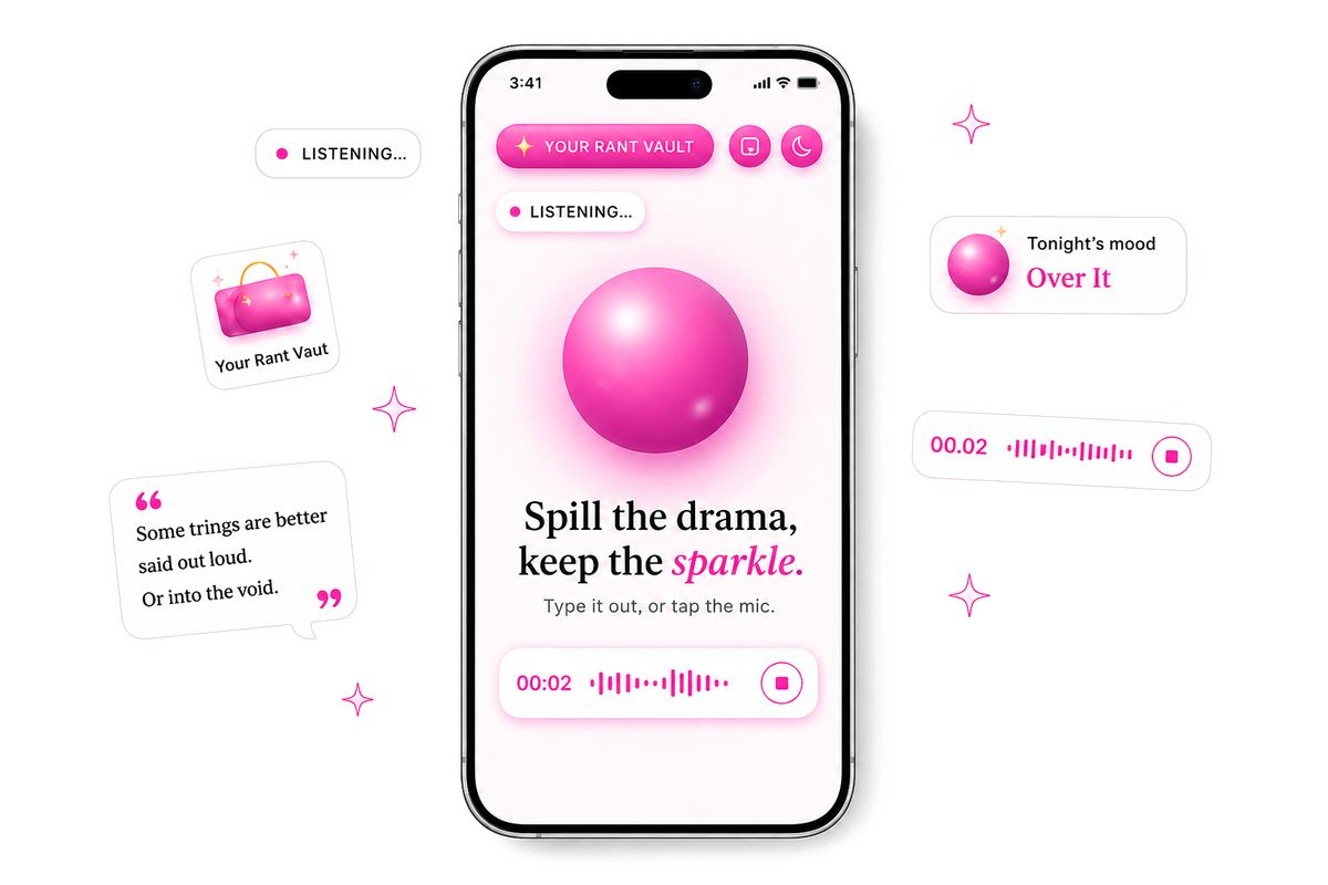 The Diva app: a glowing orb listening while you rant, with Rant Vault, tonight's mood, and a voice recording in progress.